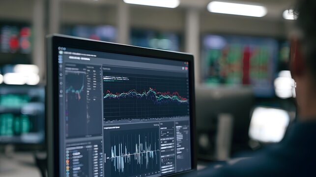 A close up view of a computer monitor displaying financial charts and data graphs in a dimly lit control room environment