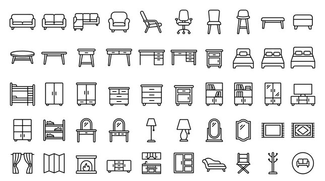 Minimal Furniture Vector Icon Collection Featuring Sofa, Chair, Table, Bed, Cabinet, Wardrobe, Desk, Storage, and Interior Design Symbols