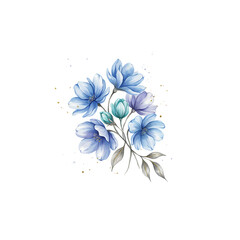 Obraz premium Watercolor bouquet of blue flowers with green leaves and buds isolated on a transparent background