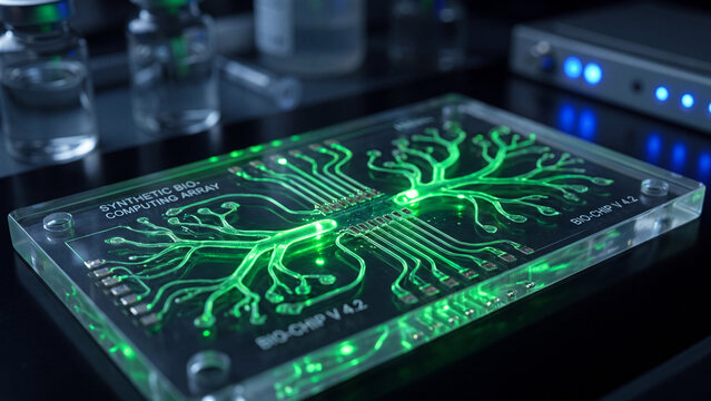 Advanced microfluidic biochip with glowing green neural pathways rests on a dark laboratory table next to scientific equipment.