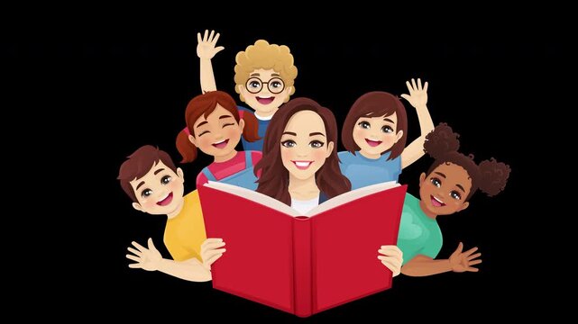 Happy teacher reading a book as cheerful children peek out from behind, waving and laughing. Classroom education animation with transparent background and alpha channel