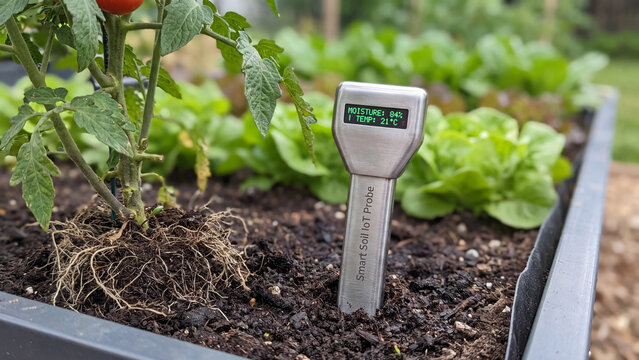 Soil sensor inserted into a garden bed measuring moisture levels in a vegetable plantation.