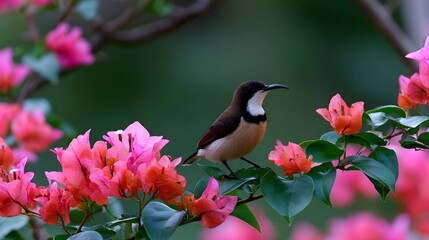 Naklejka premium A small bird with a curved beak perches gracefully among vibrant pink and orange flowers with lush green leaves