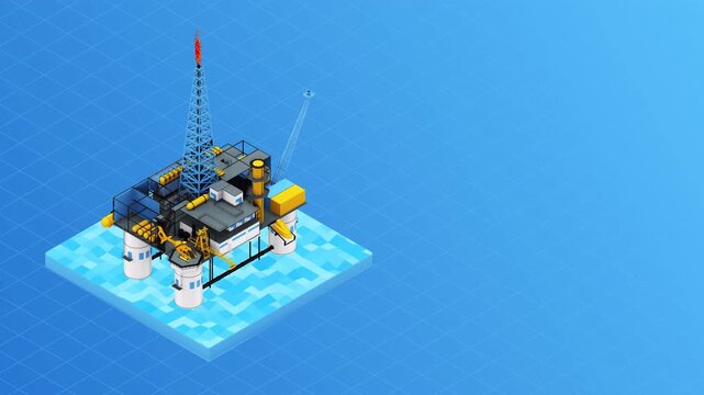 Isometric animation of an offshore oil rig platform on the blue ocean surface.