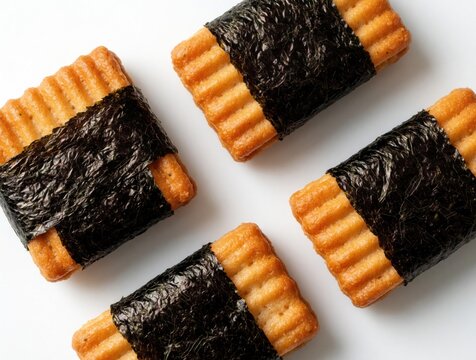 Four nori-wrapped senbei rice crackers arranged on white background. Crispy asian snack, kaki no tane variety with seaweed. Savory Japanese crunchy food.