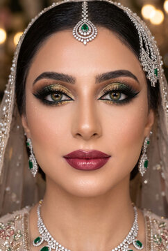 Stunning portrait of a beautiful bride with traditional jewelry and intricate makeup look.