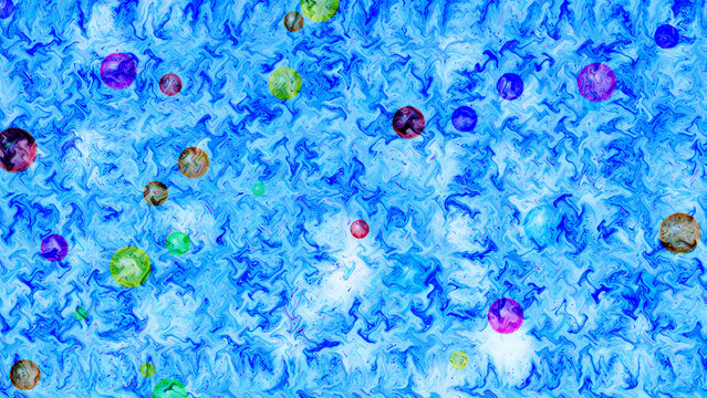 Microscopic cells with colorful nuclei in blue background