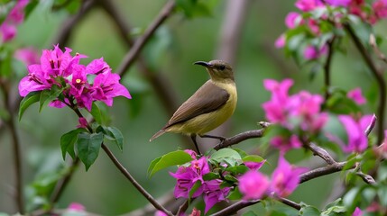 Naklejka premium A small yellow bird perched on a branch among vibrant pink flowers in a lush green setting
