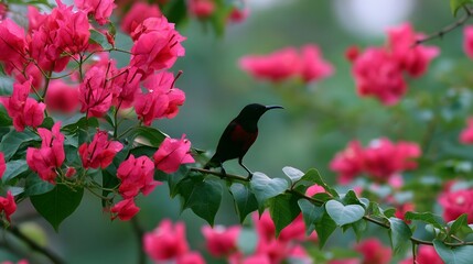Naklejka premium A small bird with a curved beak perches on a branch among bright pink flowers and green leaves