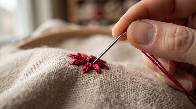 Hand stitching a flower design on fabric with needle and thread  