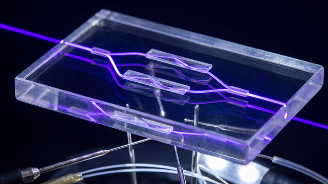 Microfluidic chip with glowing purple laser light channels for biomedical research and laboratory diagnostics.