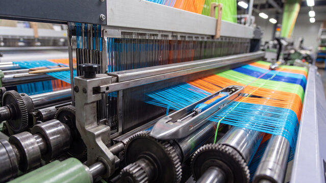 Industrial textile loom machine weaving colorful threads and fabrics inside a modern manufacturing factory production line.