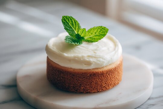 Small round cake with a thin layer of white buttercream, single fresh mint leaf on top, light gray marble background, soft diffused window light