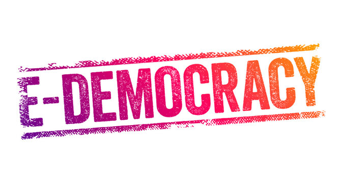E-Democracy rubber stamp text design with distressed grunge texture, digital politics and online civic participation concept for government technology.