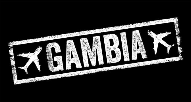 Gambia rubber stamp text with airplane icons and distressed grunge texture, travel destination passport imprint for tourism and flight concept.