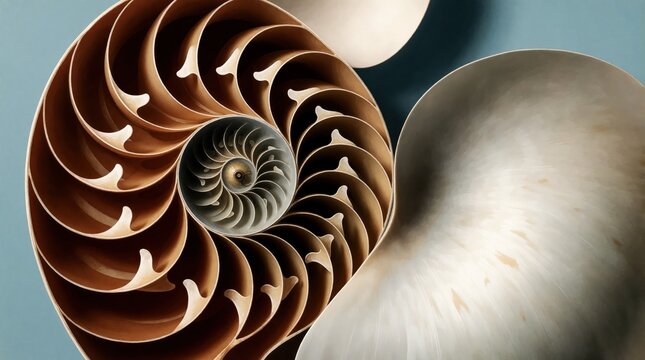 Nautilus shell cross section reveals intricate spiral chambers. Fibonacci sequence pattern is visible in complex natural geometry. Shell texture shows organic growth structure.