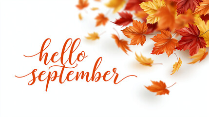 Naklejka premium Hello september autumn season greeting displayed with gently falling leaves drifting across a bright clean background warm fall color palette bright even lighting seasonal typography