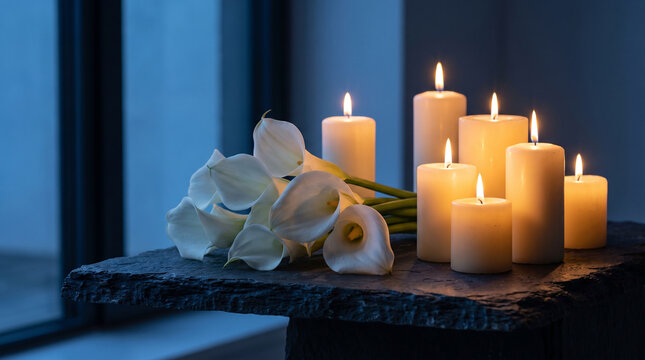 White calla lilies lie beside burning candles on dark stone surface.