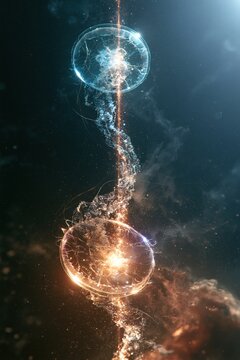Cosmic spheres connected by ethereal energy in a celestial abstract scene