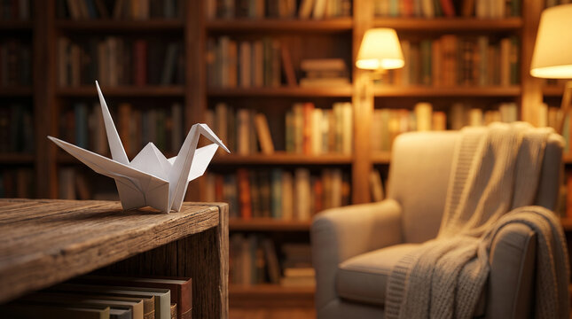 White origami crane rests on wooden shelf in warm cozy library room.