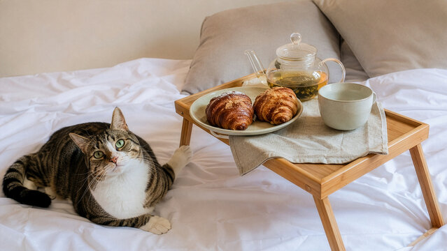 Tabby cat beside breakfast tray with croissants and tea on bed