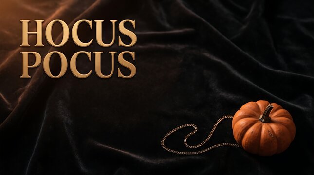 Halloween hocus pocus text with pumpkin and gold chain on black velvet