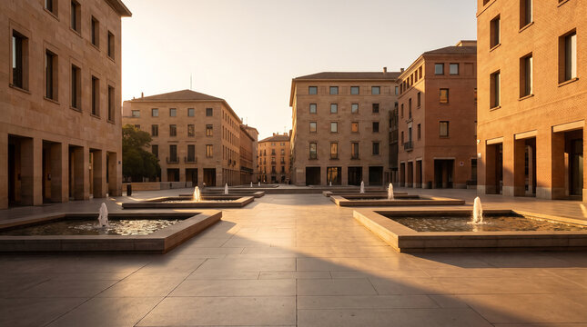 Modern city plaza featuring stone buildings and geometric fountains.