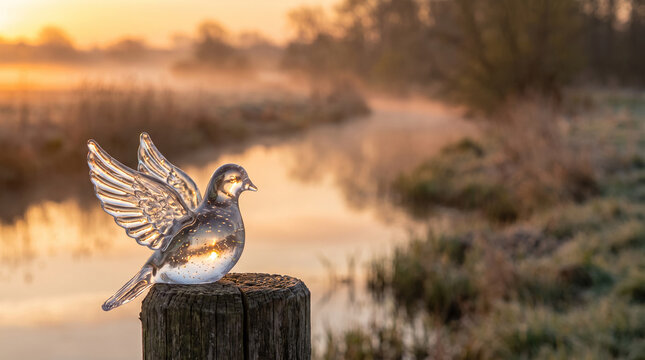 Glass dove sculpture perched on wooden post during misty sunrise.