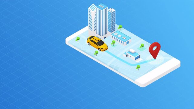 Isometric animation of taxi cab service app on smartphone screen.