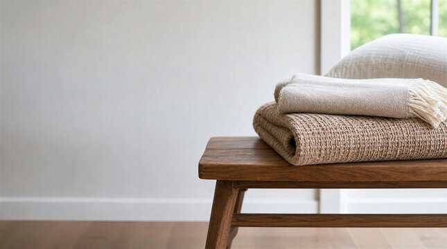 Stacked blankets and pillow creating cozy home decor