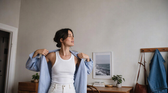 Woman getting ready for day in morning routine