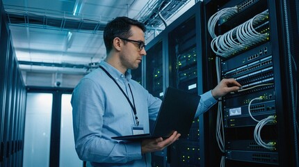 Fototapeta premium IT Specialist working on a Server Rack with Laptop in a Data Center
