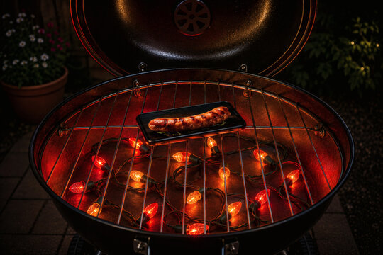 Satirical Still Life of a Sausage Grill with Colorful Plastic Lights