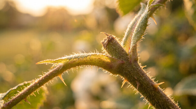 Sharp thorns on green plant stem glow in warm golden hour sunset light.