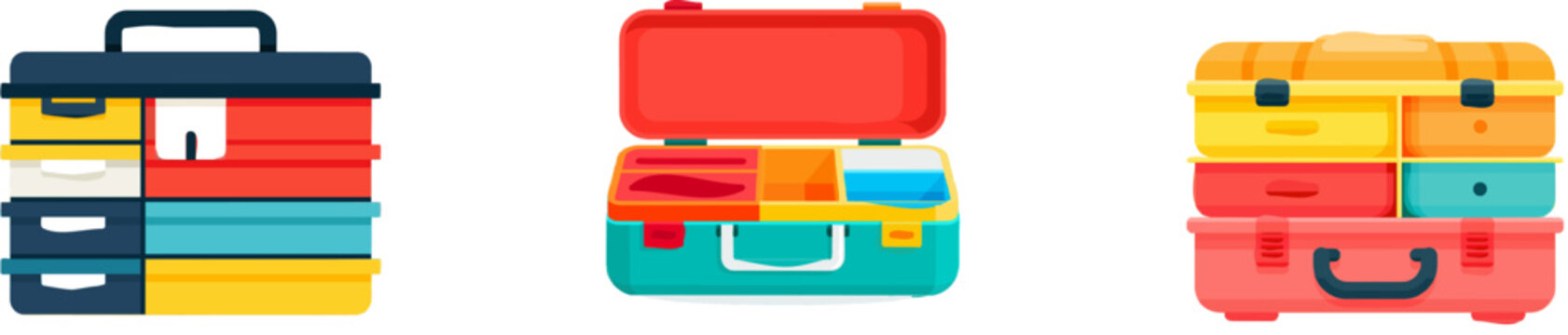 A premium colorful flat vector icon of a plastic fishing tackle box with compartments showcases vibrant colors, modern UI style, exclusive minimalist design, isolated on a pure white background