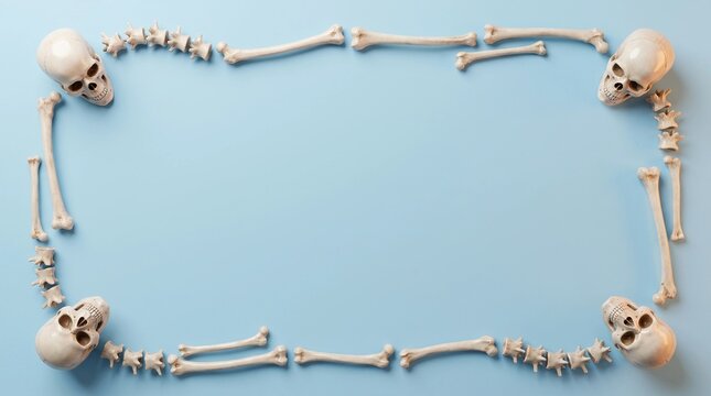 Human skulls and bones arranged in a rectangular frame on a light blue background.