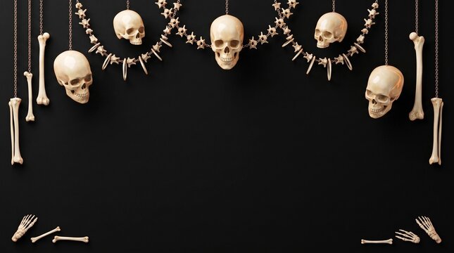 Halloween border frame with hanging skulls and bones on a black background