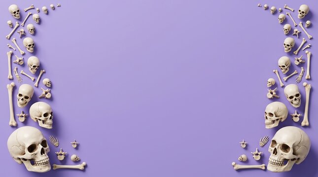 Human skulls and bones arranged as a frame border on a solid purple background for halloween