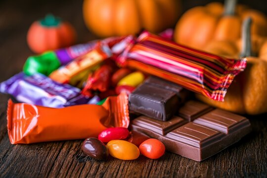 Mini pumpkins and wrapped candies creating a festive autumn arrangement