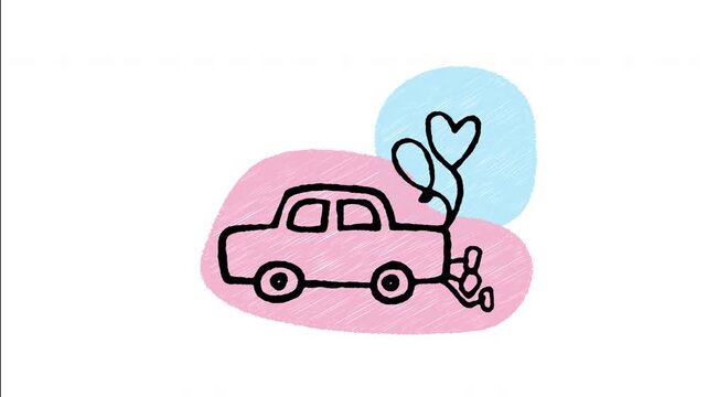 An animated hand-drawn getaway wedding car decorated with heart balloons. Ideal for just married exits, honeymoon road trips, wedding transportation, and marital getaway journeys. 