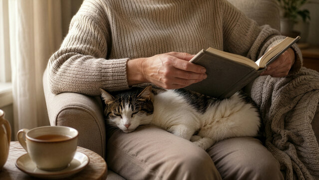 Woman reading book with sleepy white tabby cat on lap in cozy armchair at home