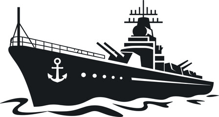 Military battleship silhouette vector illustration, navy warship logo design element isolated on white background © Arif