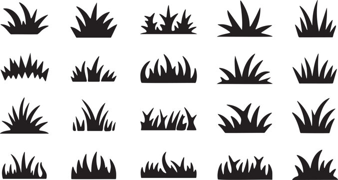 Varied black grass clump silhouettes for diverse botanical nature design needs.