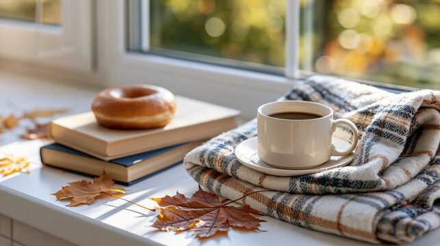 Hello october scene styled on a bright window sill with a coffee cup stacked books a donut and a folded plaid blanket autumn leaves scattered nearby cozy home breakfast and reading