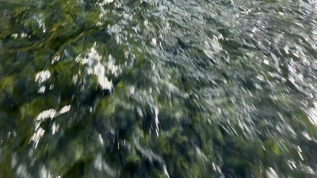 Fast flowing green river water stream splashing over stones. Clean freshwater current surface close up. Nature environment background.