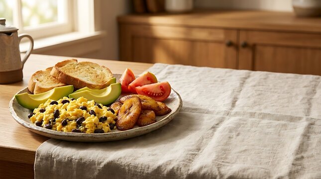 A plate of authentic comida cubana with scrambled eggs, black beans, fried plantains, avocado, and toasted bread