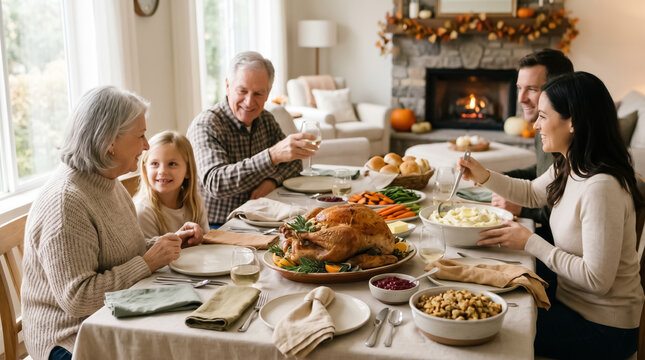 Happy family passing food around a beautiful holiday dinner table