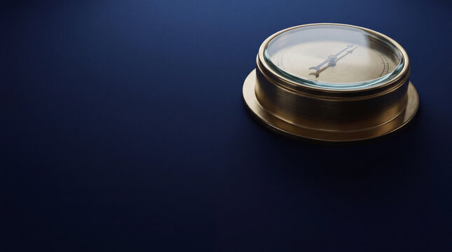 Brass aneroid barometer on dark blue surface
