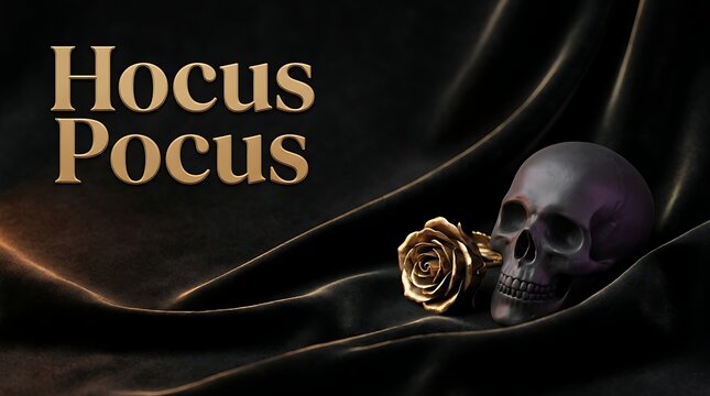 Halloween hocus pocus text with golden rose and skull on black fabric