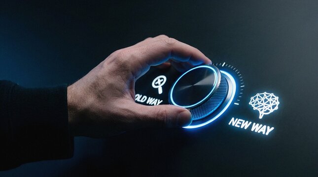 Hand changing knob from old way to a new way with AI innovation concept